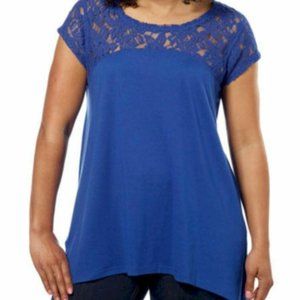 Wome's DKNY Jeans Lace Trimmed Short Sleeve Knit Top Blue Size S NWT